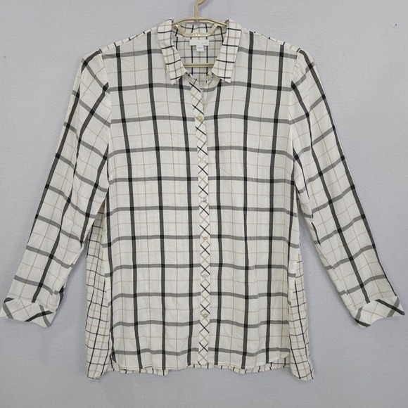 J Jill Top Tunic Women Ivory Large Long Sleeve Button Up Plaid Buttons Collared - Picture 9 of 15